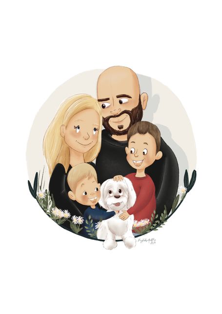 Liebevoll handgezeichnetes digitales Porträt einer vierköpfigen Familie mit Hund, im Halbkörperformat