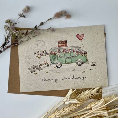 Glückwunschkarte Hochzeit / Hochzeitskarte / VW Bus / Vintage / Aquarellmotiv / Vintage / Floral