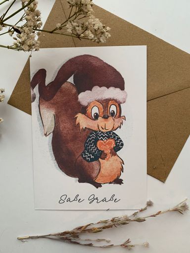 Weihnachtskarte Eichhörnchen Nikolausmütze Lebkuchen und Text süße Grüße
