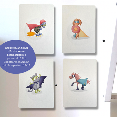 Tierische Superhelden Art Prints Set – Comic Illustration auf Fine Art Papier – Deko für Kinderzimmer, Geschenk für Superhelden & Tierfans 
