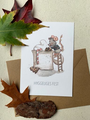 Weihnachtskarte mit süßer Maus in Strickpullover, Kakao und hyggeliges Fest, Aquarell-Illustration auf 320g Coffee Cup Paper