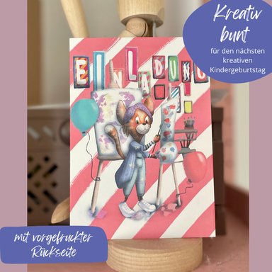 Kreative Einladungskarte Kindergeburtstag Katze Künstler, DIY Geburtstagskarte Mini-Künstler, Einladung für kreative Kinder, umweltfreundl. 