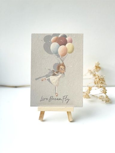 Handgezeichnete Grußkarte "Live Dream Fly" – Ballerina mit Luftballons, inspirierende Karte für Träumer, Geburtstagskarte, Motivationskarte 