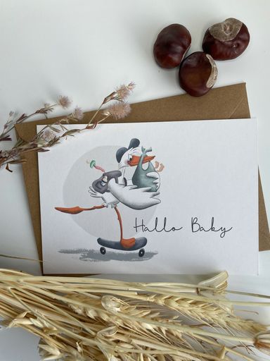 Handgemachte Glückwunschkarte zur Geburt / Hallo Baby / Storch auf Skateboard