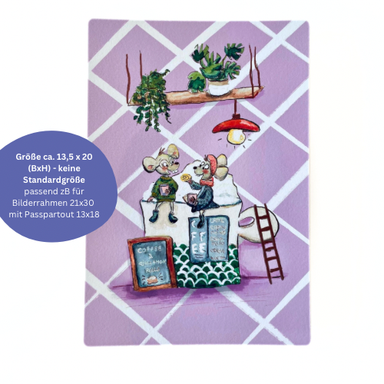 Mäuse im Café – ArtPrint mit 2 Mäusen auf Kaffeetasse – Freundinnen, Mama & Tochter, Zimtschnecken, Pastellfarben – Deko für Kaffeeliebhaber
