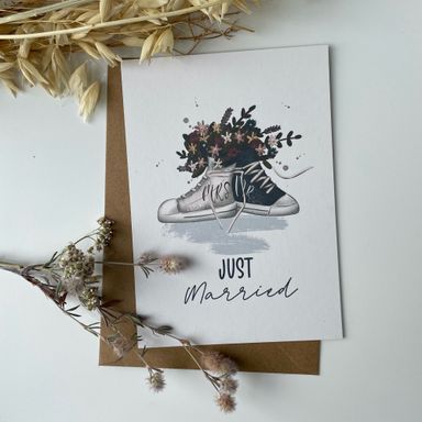 Glückwunschkarte Hochzeit / Hochzeitskarte / Just Married / Sneaker / Vintage / Aquarellmotiv / Floral