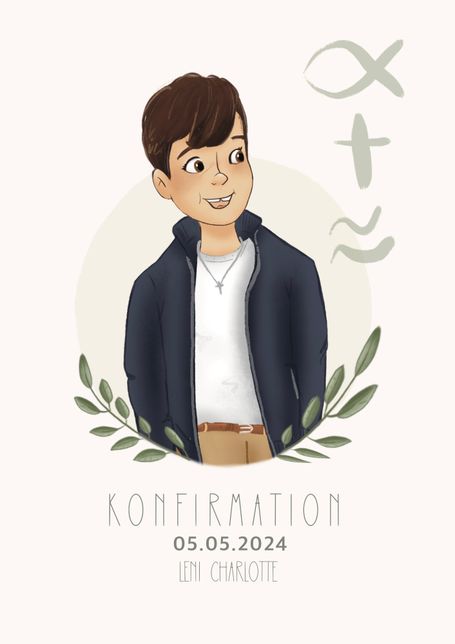 Portrait eines Kindes zur Konfirmation, mit zarten, kirchlichen Elementen in einem dezenten, digitalen Stil