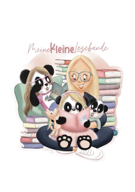 Personalisiertes Logo einer Buchbloggerin mit Pandabären als Kinder, Bücher im Hintergrund und einzigartigen Details.