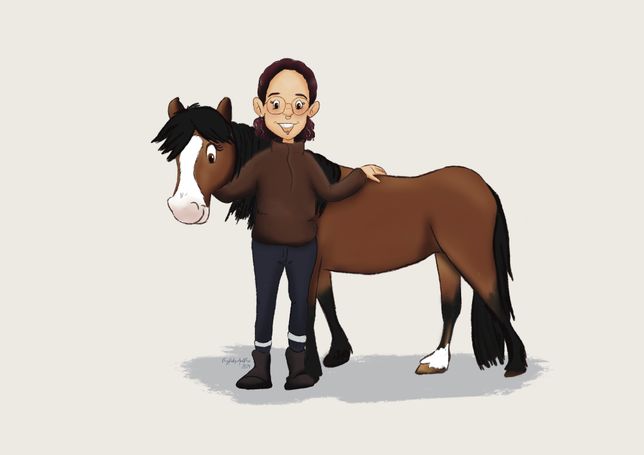 Handgezeichnetes digitales Portrait einer Frau mit ihrem Pferd, das die enge Beziehung zwischen Mensch und Tier in Kunst darstellt