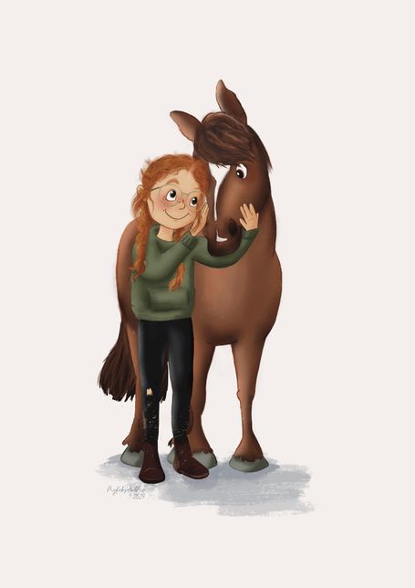 Digitale, handgezeichnete Illustration eines Mädchens mit ihrem Lieblingspferd, die ihre enge Verbindung darstellt