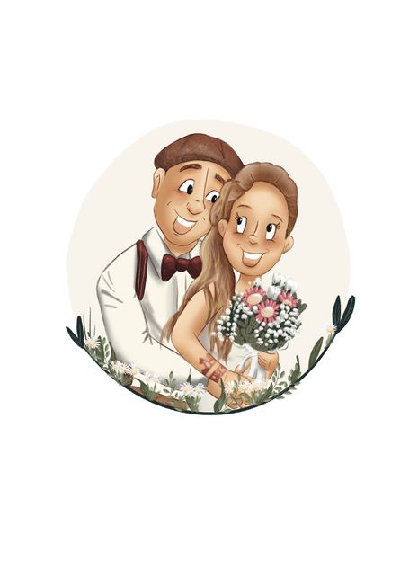 Hochzeitspaar mit dezenten Blumenverzierungen in einer digitalen Illustration, perfekt als Geschenk oder Einladung